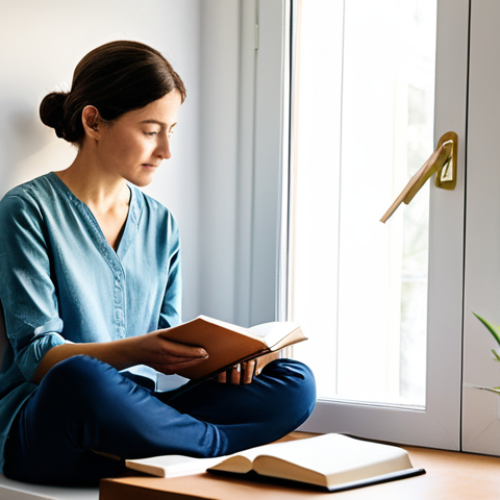 Home 14 A professional woman in modest, comfortable attire, seated in a thoughtfully organized and clean home environment, subtly interacting with a journal or a single green plant, with natural light filtering through a window, conveying a sense of tranquility and inner peace. The setting emphasizes a balanced lifestyle, mindful disconnection, and holistic well-being. She is fully clothed, appropriate attire, safe for work, perfect anatomy, natural pose, well-formed hands, correct proportions, natural body proportions, professional photography, high quality, professional, appropriate content, family-friendly.