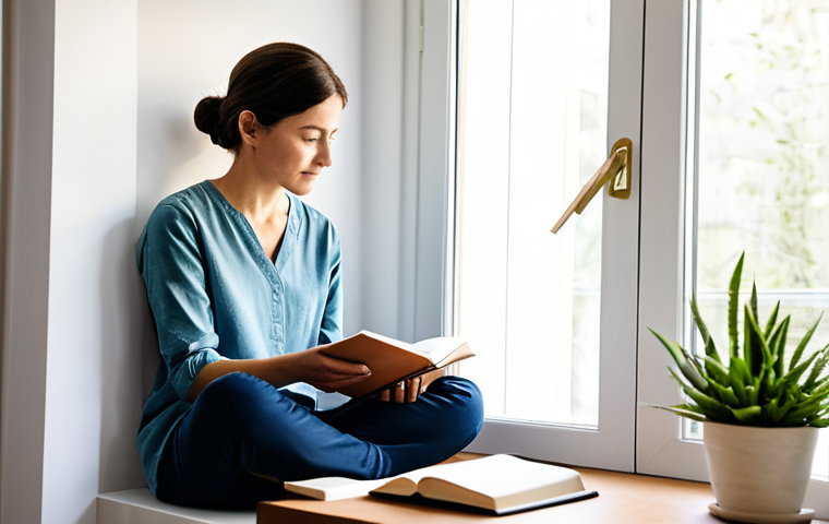 A professional woman in modest, comfortable attire, seated in a thoughtfully organized and clean home environment, subtly interacting with a journal or a single green plant, with natural light filtering through a window, conveying a sense of tranquility and inner peace. The setting emphasizes a balanced lifestyle, mindful disconnection, and holistic well-being. She is fully clothed, appropriate attire, safe for work, perfect anatomy, natural pose, well-formed hands, correct proportions, natural body proportions, professional photography, high quality, professional, appropriate content, family-friendly.