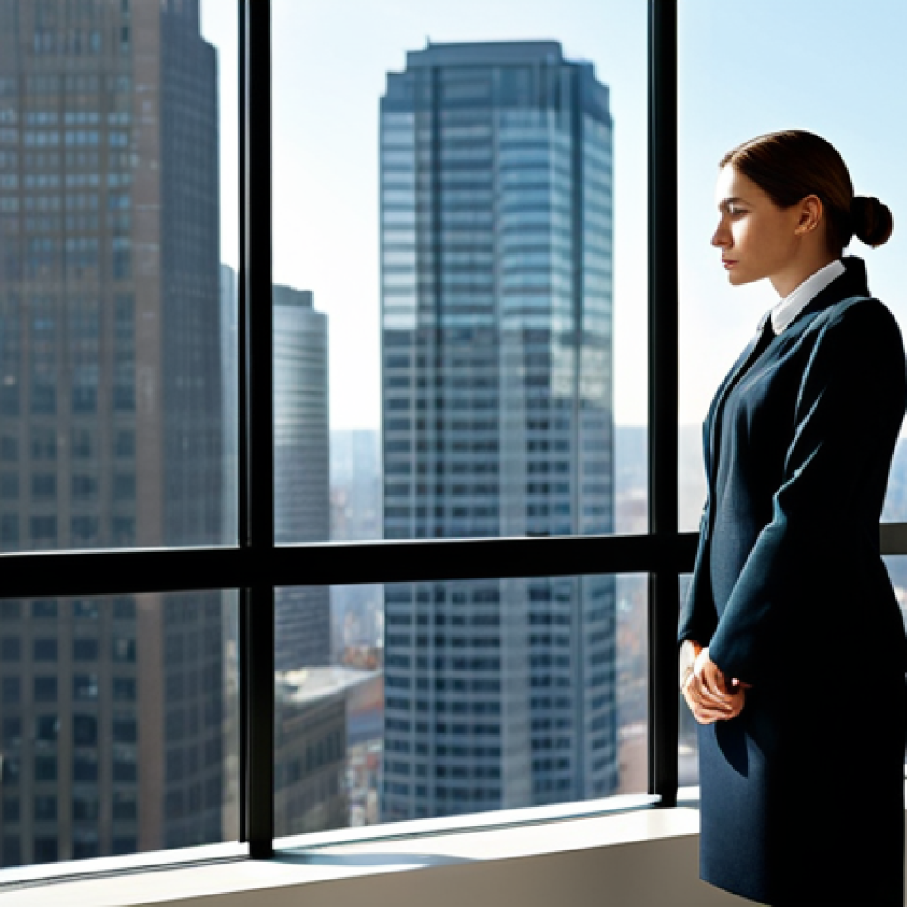 A professional businesswoman in a modest, contemporary business suit, standing by a large window in a minimalist, sunlit office, gazing thoughtfully at the city skyline. Her pose is natural and reflective, embodying a moment of quiet contemplation and redefinition of success amidst a busy environment. The scene is well-lit with soft, natural light, creating a calm and inspiring atmosphere. fully clothed, modest clothing, appropriate attire, professional dress, safe for work, appropriate content, perfect anatomy, correct proportions, natural pose, well-formed hands, proper finger count, natural body proportions, professional photography, high quality, professional.
