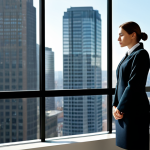 A professional businesswoman in a modest, contemporary business suit, standing by a large window in a minimalist, sunlit office, gazing thoughtfully at the city skyline. Her pose is natural and reflective, embodying a moment of quiet contemplation and redefinition of success amidst a busy environment. The scene is well-lit with soft, natural light, creating a calm and inspiring atmosphere. fully clothed, modest clothing, appropriate attire, professional dress, safe for work, appropriate content, perfect anatomy, correct proportions, natural pose, well-formed hands, proper finger count, natural body proportions, professional photography, high quality, professional.
