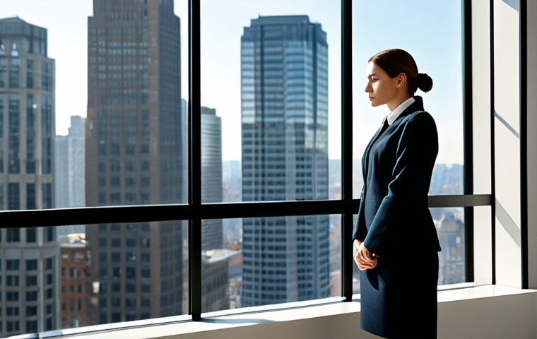 A professional businesswoman in a modest, contemporary business suit, standing by a large window in a minimalist, sunlit office, gazing thoughtfully at the city skyline. Her pose is natural and reflective, embodying a moment of quiet contemplation and redefinition of success amidst a busy environment. The scene is well-lit with soft, natural light, creating a calm and inspiring atmosphere. fully clothed, modest clothing, appropriate attire, professional dress, safe for work, appropriate content, perfect anatomy, correct proportions, natural pose, well-formed hands, proper finger count, natural body proportions, professional photography, high quality, professional.
