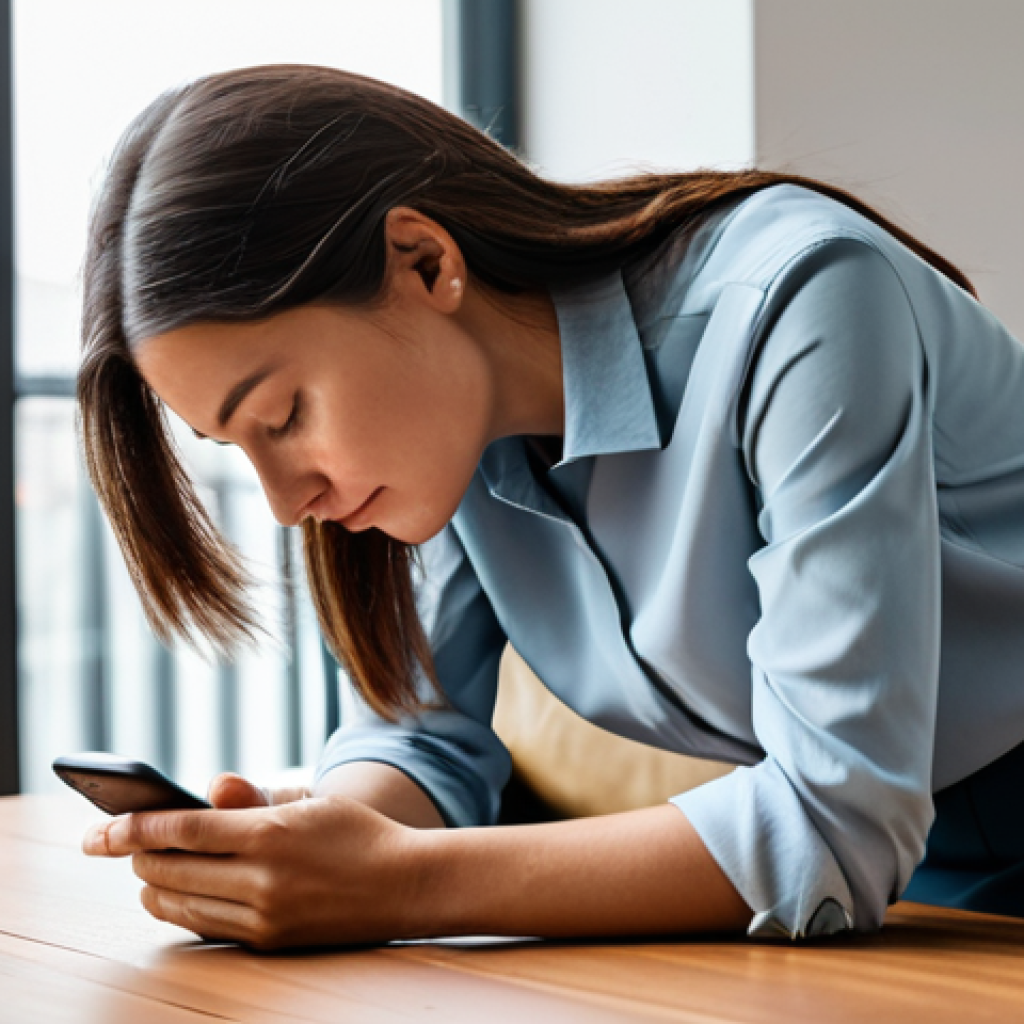 A professional woman, fully clothed in modest, comfortable attire, gently placing her smartphone face down on a clean wooden table. Her expression transitions from slight overwhelm to serene reflection. The background is a modern, light-filled living space, with subtle natural elements like a potted plant visible. safe for work, appropriate content, fully clothed, professional, perfect anatomy, correct proportions, natural pose, well-formed hands, proper finger count, natural body proportions, professional photography, high quality.