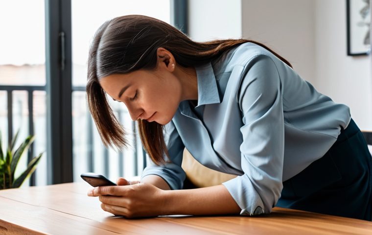 A professional woman, fully clothed in modest, comfortable attire, gently placing her smartphone face down on a clean wooden table. Her expression transitions from slight overwhelm to serene reflection. The background is a modern, light-filled living space, with subtle natural elements like a potted plant visible. safe for work, appropriate content, fully clothed, professional, perfect anatomy, correct proportions, natural pose, well-formed hands, proper finger count, natural body proportions, professional photography, high quality.