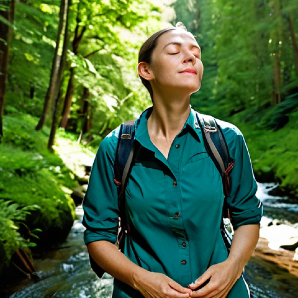 Nature's Embrace**
A professional woman, fully clothed in hiking gear, stands in a sun-dappled forest. She is taking a deep breath, eyes closed, with a serene expression. Lush green trees surround her, and a gentle stream flows nearby. Appropriate attire, safe for work, perfect anatomy, natural pose, high quality, professional photography.
**