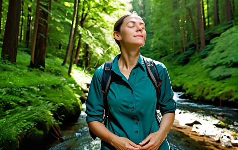 Nature's Embrace**
A professional woman, fully clothed in hiking gear, stands in a sun-dappled forest. She is taking a deep breath, eyes closed, with a serene expression. Lush green trees surround her, and a gentle stream flows nearby. Appropriate attire, safe for work, perfect anatomy, natural pose, high quality, professional photography.
**