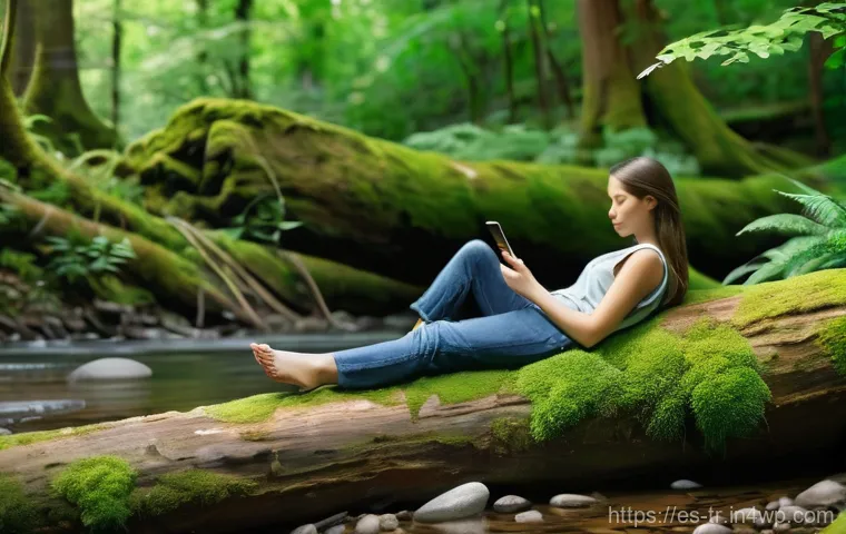 신체적 건강과 정신적 안정을 위한 조화 - **Digital Serenity in Nature:** A peaceful, fully clothed adult of ambiguous gender, sitting on a sm...