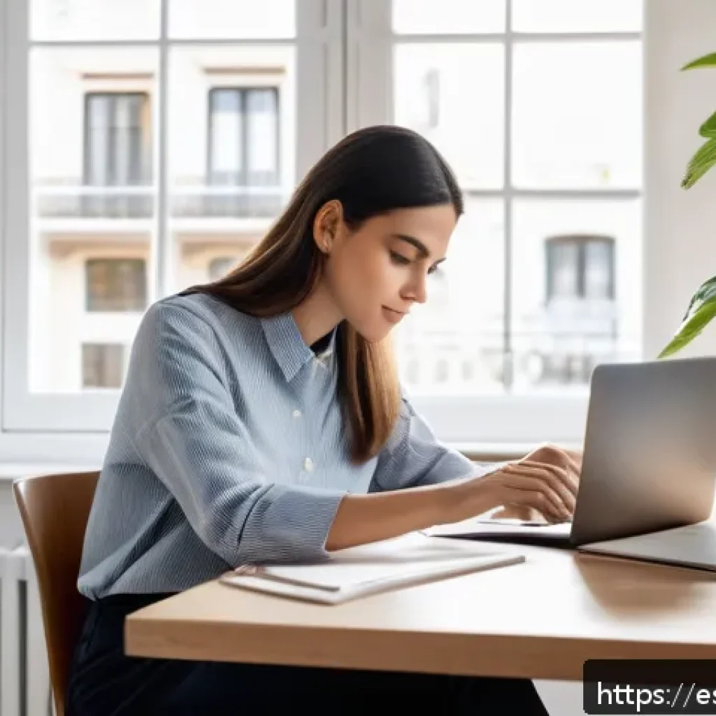 효율적인 시간 관리로 삶의 균형 이루기 - A bright and modern home office scene showing a young professional woman using a digital calendar ap...