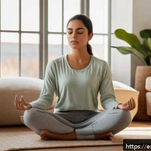 Home 33 건강한 라이프스타일을 위한 조화 - A serene indoor scene of a young Hispanic woman practicing deep breathing exercises in a cozy living...