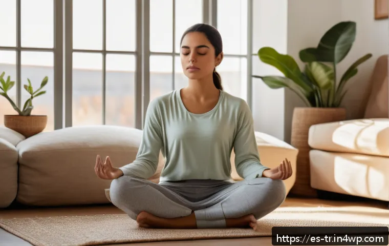 건강한 라이프스타일을 위한 조화 - A serene indoor scene of a young Hispanic woman practicing deep breathing exercises in a cozy living...