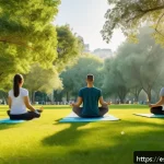 Home 19 정신적 불균형을 해결하기 위한 전략 - A serene outdoor scene in a lush local park during early morning light, featuring a diverse group of...