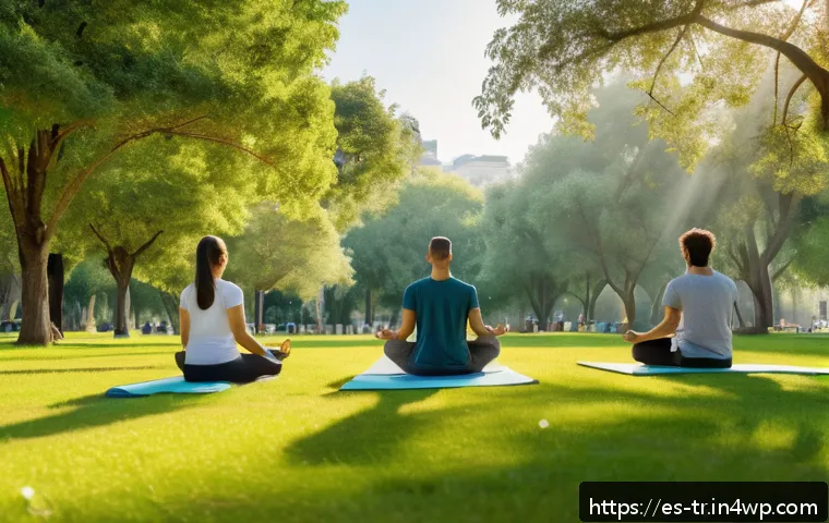 정신적 불균형을 해결하기 위한 전략 - A serene outdoor scene in a lush local park during early morning light, featuring a diverse group of...