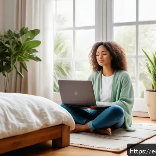 Home 30 자기 발전을 위한 긍정적 사고 훈련 - A serene morning scene in a cozy, sunlit bedroom of a Spanish-speaking young adult, featuring a tidy...