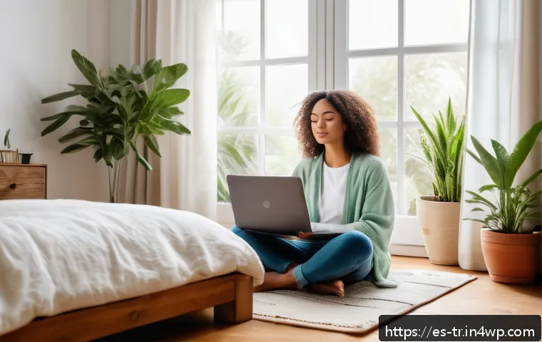 자기 발전을 위한 긍정적 사고 훈련 - A serene morning scene in a cozy, sunlit bedroom of a Spanish-speaking young adult, featuring a tidy...
