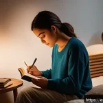 Home 23 삶의 균형을 위한 자기 반성 일기 작성 - A cozy, softly lit bedroom scene at night with a young adult sitting comfortably on a bed, writing t...