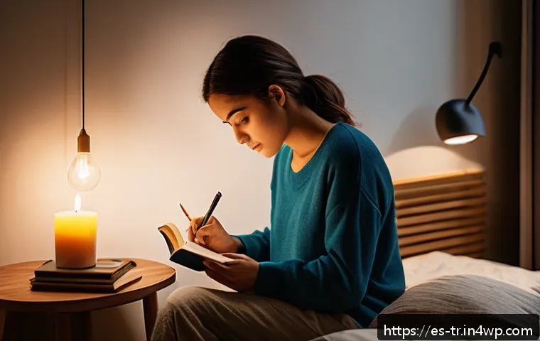 삶의 균형을 위한 자기 반성 일기 작성 - A cozy, softly lit bedroom scene at night with a young adult sitting comfortably on a bed, writing t...